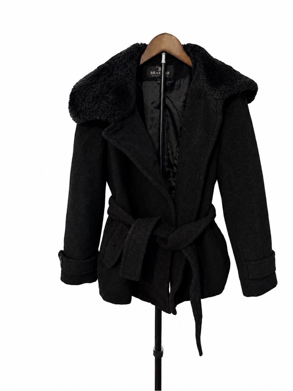Braefair Wool Blend Belted Black Jacket Size 12 | Plush Shawl Collar
